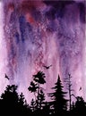 Watercolor landscape with starry sky and forest. Beautiful postcard.